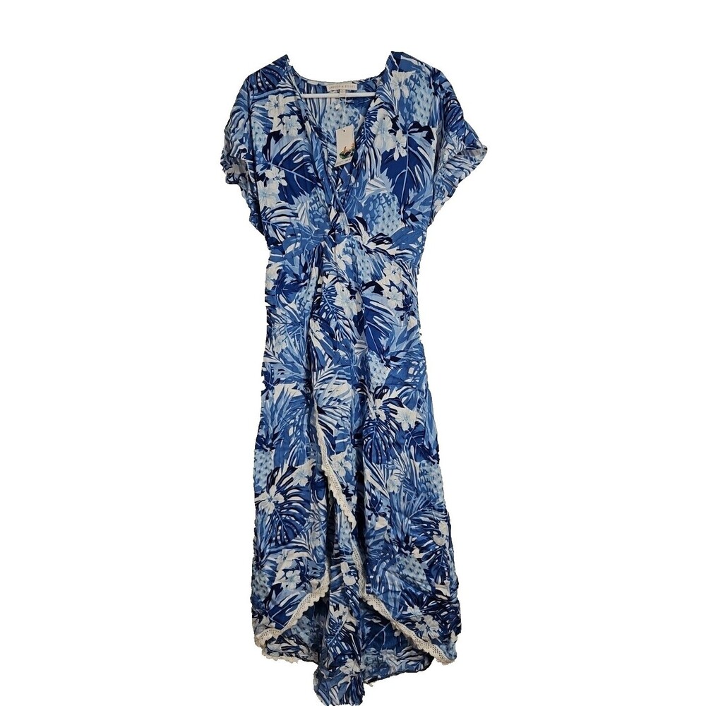 Tropical Blue Floral High-Low Dress - Women's Wrap Style